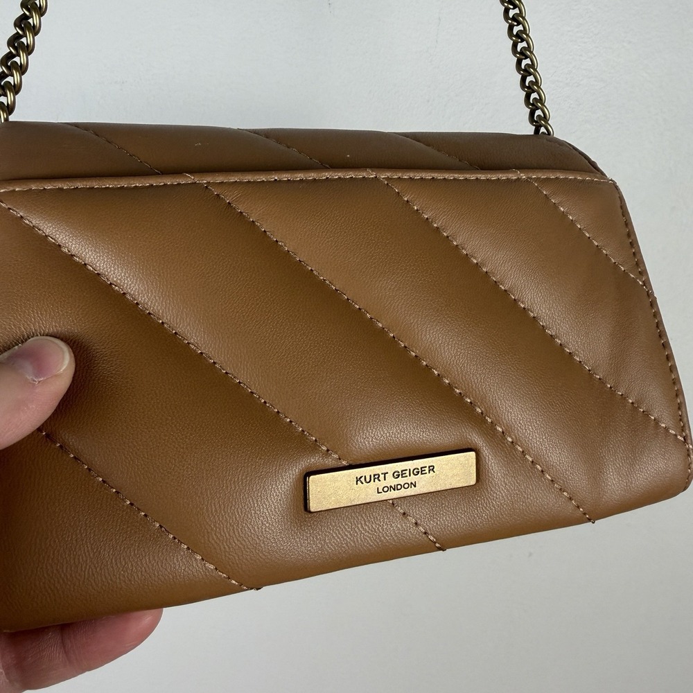 Kurt Geiger Mini Quilted Crossbody Bag Brown Tan Gold Chain Strap Accent Dressy - Picture 6 of 16